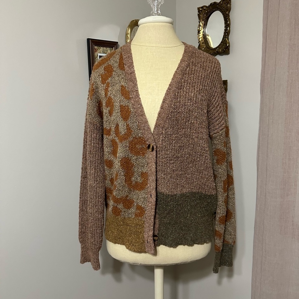 Mystree Patchwork Leopard Cardigan Sweater